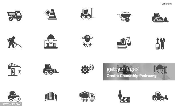 black and white under construction icons stock illustration construction site, construction industry, road construction, building , road work ahead sign stock illustration construction industry, construction site, icon, line icon - jackhammer concrete stock illustrations