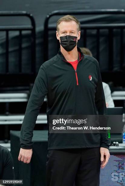 Head coach Terry Stotts of the Portland Trail Blazers looks on against the Sacramento Kings during the first half of an NBA basketball game at Golden...