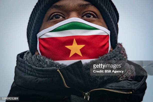 Protester is seen during an anti-fascism protest in the Westerpark on January 10, 2021 in Amsterdam, Netherlands.