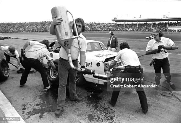 Driver and owner of the No. 3 car, Richard Childress, makes a pit stop during the 1981 Daytona 500 at the Daytona International Speedway on February...