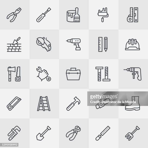 ilustrações de stock, clip art, desenhos animados e ícones de repair tools thin line icons - building activity