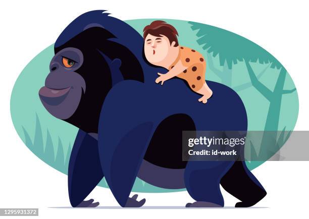 gorilla carrying caveman boy - foster stock illustrations