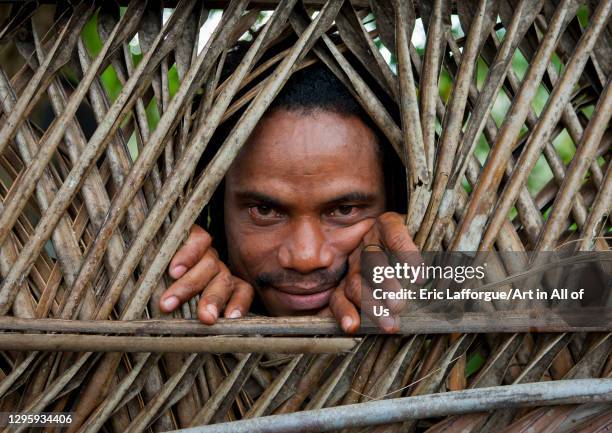 Man putting out his head from a palm leaves fence, Milne Bay Province, Alotau, Papua New Guinea on October 3, 2009 in Alotau, Papua New Guinea.