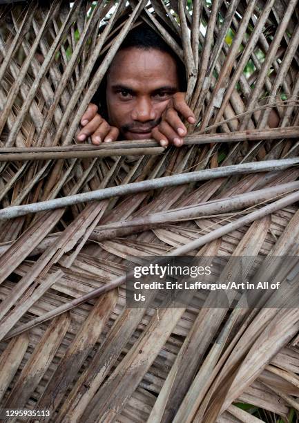 Man putting out his head from a palm leaves fence, Milne Bay Province, Alotau, Papua New Guinea on October 3, 2009 in Alotau, Papua New Guinea.