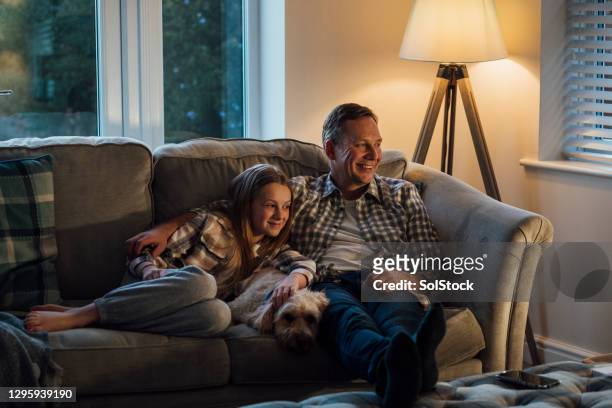 filmavond met papa - family with dog stockfoto's en -beelden