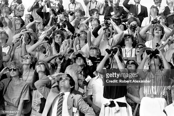 Actress Jane Fonda and her family watch the launch of the Space Shuttle Challenger carrying the first woman astronaut, Sally Ride, into space. Fonda...