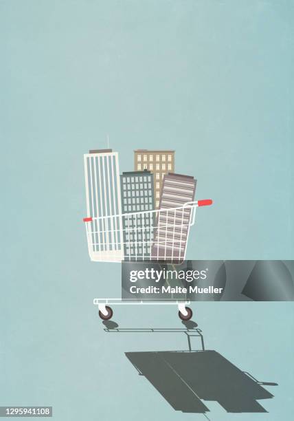 highrise buildings in shopping cart - gewerbeimmobilie stock-grafiken, -clipart, -cartoons und -symbole