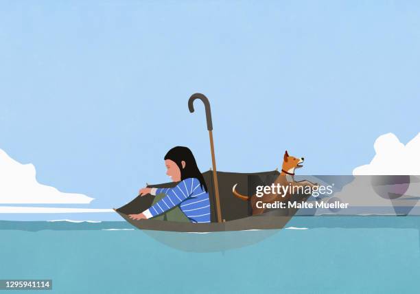 woman and dog in umbrella floating on sea - überschwemmung stock-grafiken, -clipart, -cartoons und -symbole