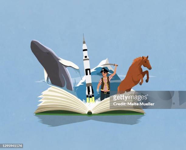 imaginative boy pirate reading adventure travel book - rocket book stock illustrations