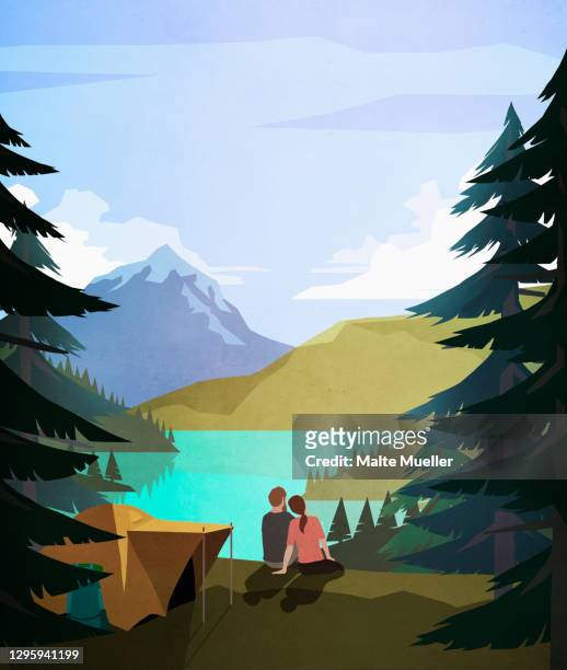 affectionate couple relaxing at idyllic remote lakeside campsite - camping illustration stock illustrations