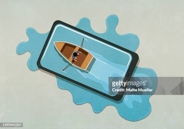 Man rowing boat in water spilling from smart phone