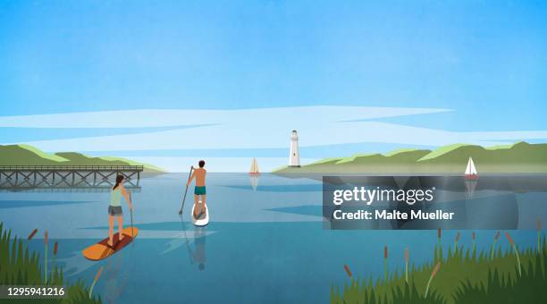 stockillustraties, clipart, cartoons en iconen met couple stand up paddleboarding on idyllic summer lake - surf stock illustrations