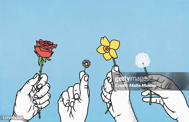 hands holding spring and summer flowers - four people stock-grafiken, -clipart, -cartoons und -symbole