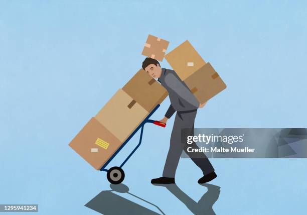 overburdened delivery man carrying cardboard boxes - carrying stock illustrations