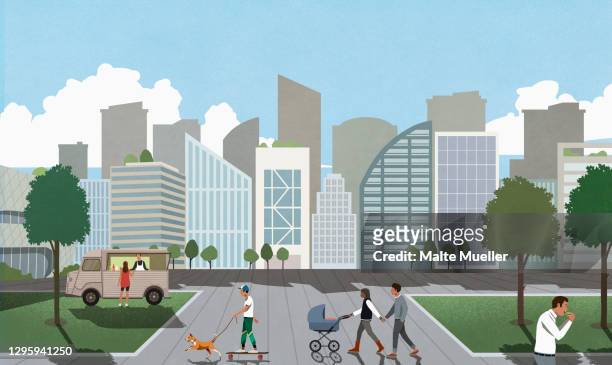 people in city park - city illustration stock-grafiken, -clipart, -cartoons und -symbole