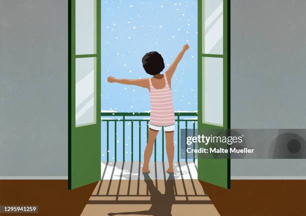 excited girl waking and stretching on snowy winter balcony - joy stock illustrations