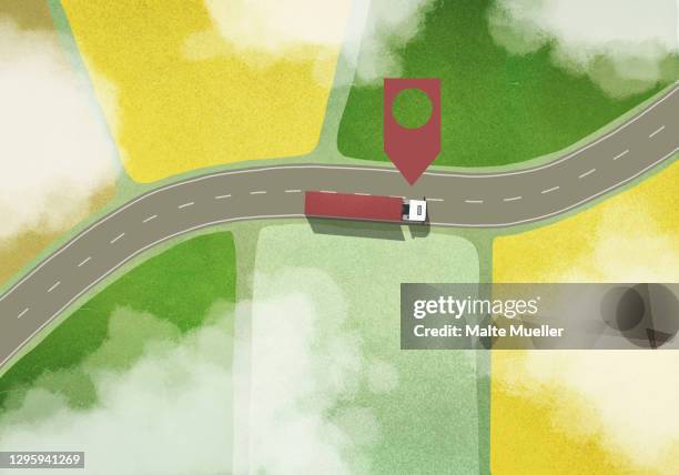 ilustraciones, imágenes clip art, dibujos animados e iconos de stock de location marker above commercial truck driving among rural fields - track and field