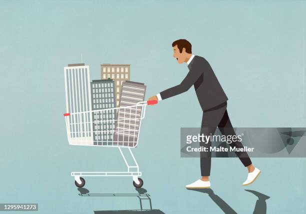 illustrazioni stock, clip art, cartoni animati e icone di tendenza di businessman pushing skyscrapers in shopping cart - only men stock illustrations