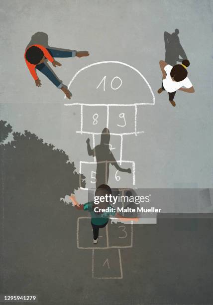 kids playing hopscotch on sunny pavement - child playing stock illustrations