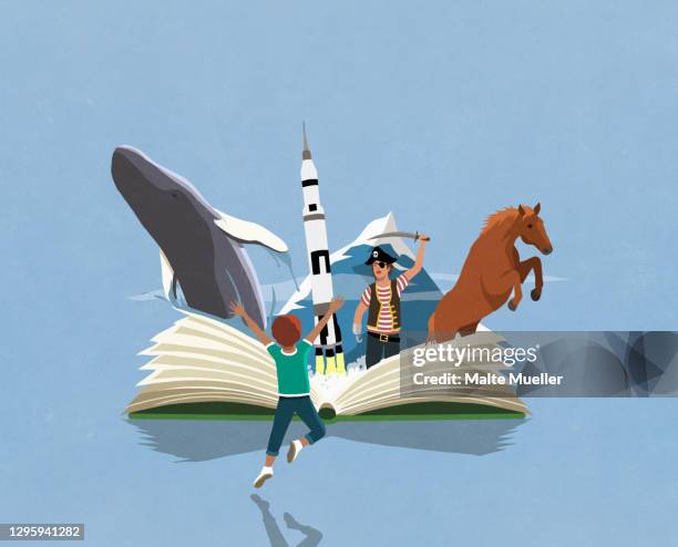 imaginative boy and girl reading adventure book - rocket book stock illustrations