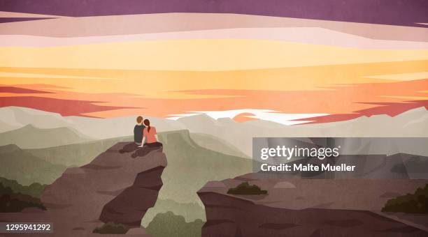 ilustraciones, imágenes clip art, dibujos animados e iconos de stock de couple enjoying majestic scenic mountain landscape at sunset - girlfriend