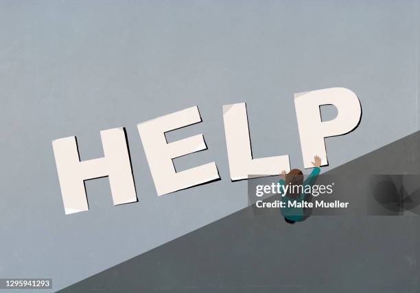 ilustraciones, imágenes clip art, dibujos animados e iconos de stock de woman arranging help letters - help single word