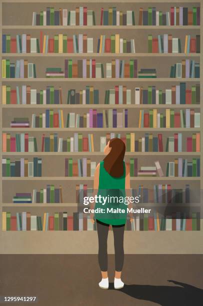 stockillustraties, clipart, cartoons en iconen met curious woman standing at towering bookshelf - boekenplank