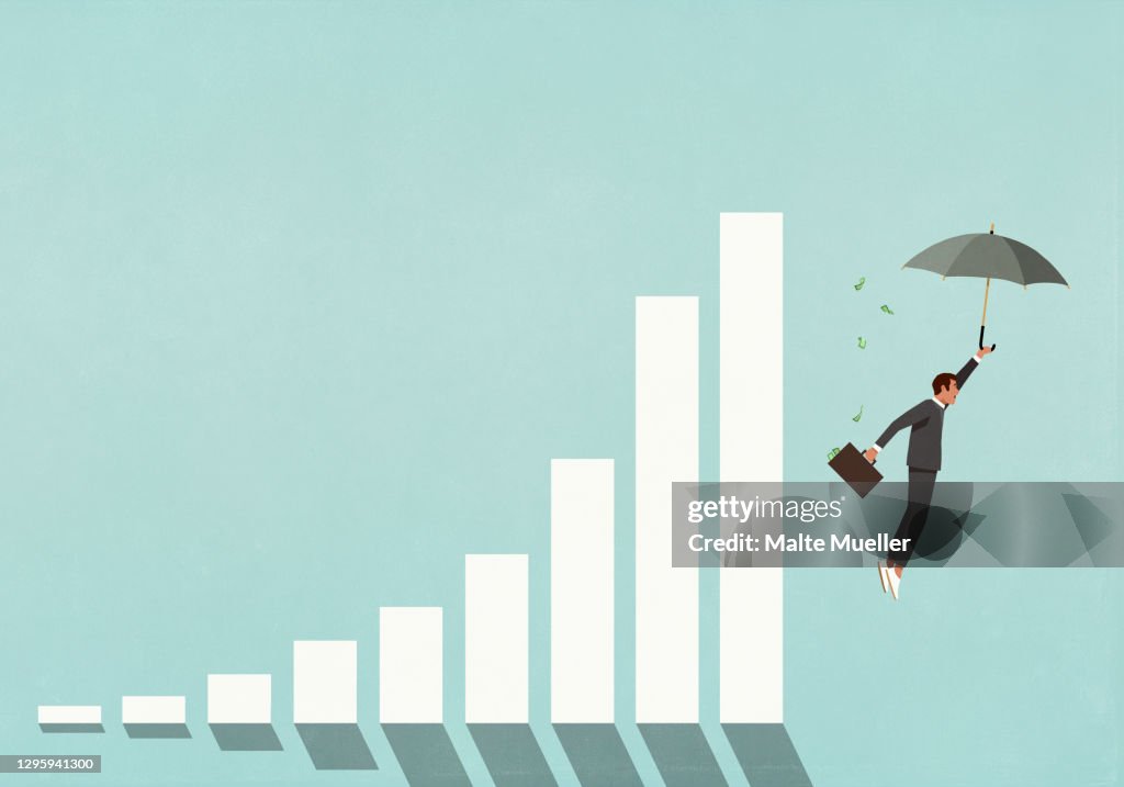 Male investor with money briefcase and umbrella falling from graph