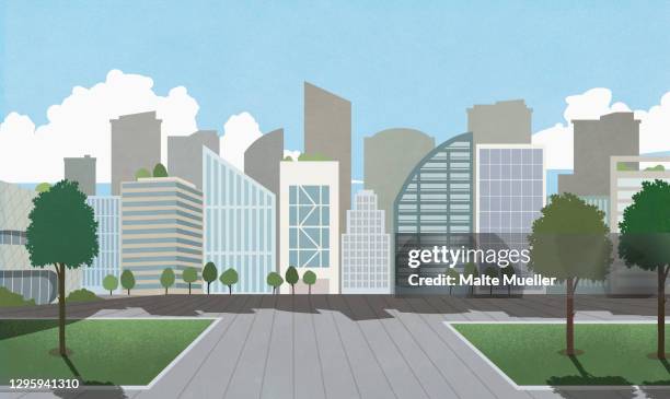 highrise buildings and city park - office block exterior stock illustrations