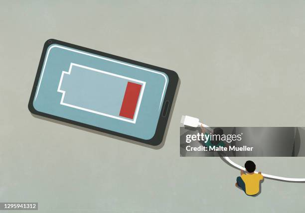 man and woman charging low battery smart phone - battery stock illustrations