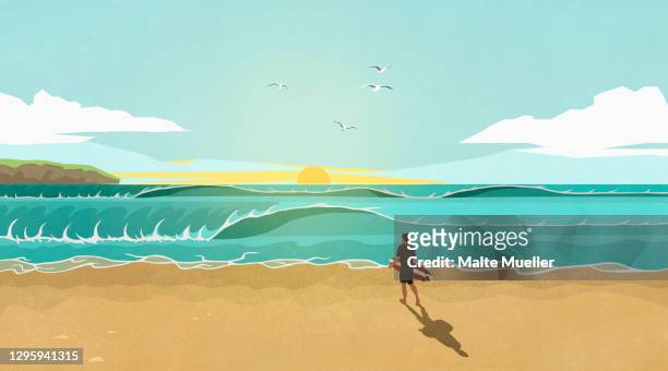bildbanksillustrationer, clip art samt tecknat material och ikoner med man with surfboard watching waves on sunny idyllic summer beach - surfers in the sea at sunset