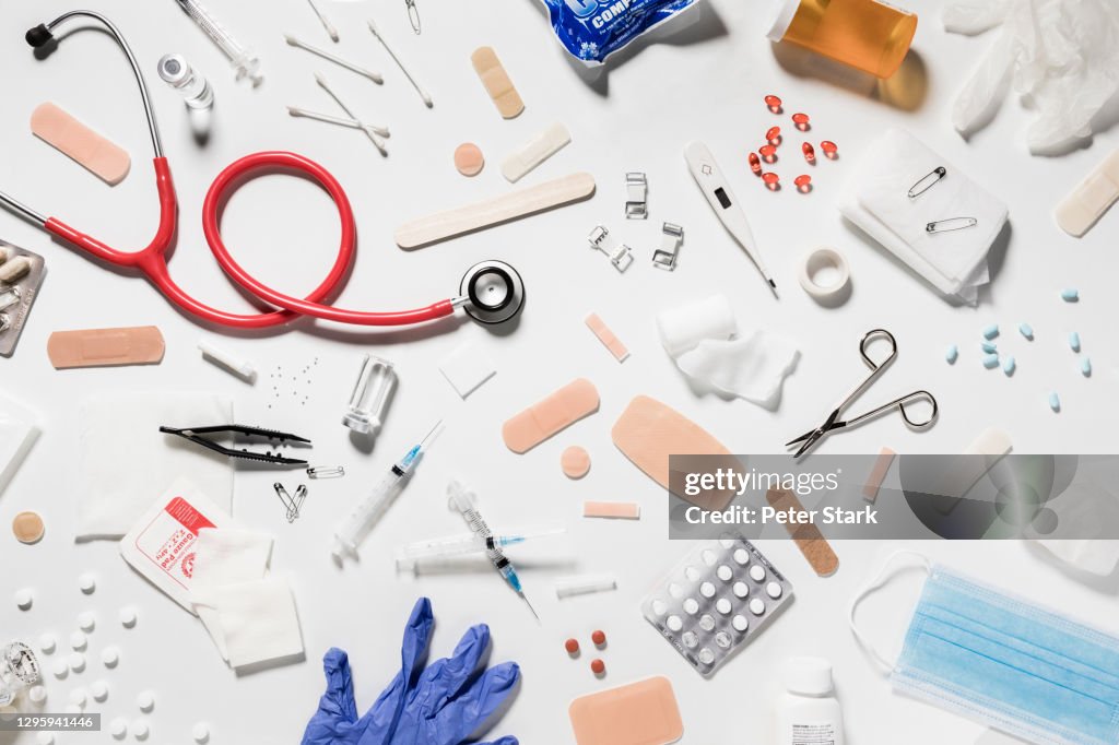 Variety of medical supplies on white background