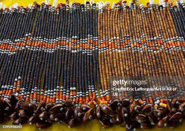 Beaded necklaces for sale in a market, Autonomous Region of Bougainville, Bougainville, Papua New Guinea on October 9, 2009 in Bougainville, Papua...