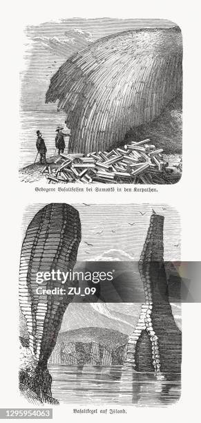 basalt rocks in europe, wood engravings, published in 1893 - basalt stock illustrations