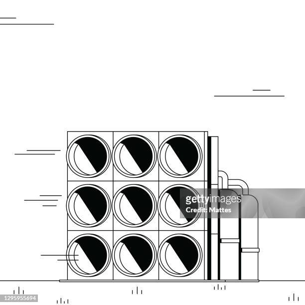 carbon capture plant transforming co2 into biofuel, carbon neutral generation of renewable energy. black and white illustration with minimalistic shading. - carbon capture stock illustrations