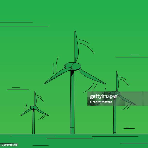 windpark, drei große windkraftanlagen, die erneuerbare energien erzeugen. - windenergie stock-grafiken, -clipart, -cartoons und -symbole