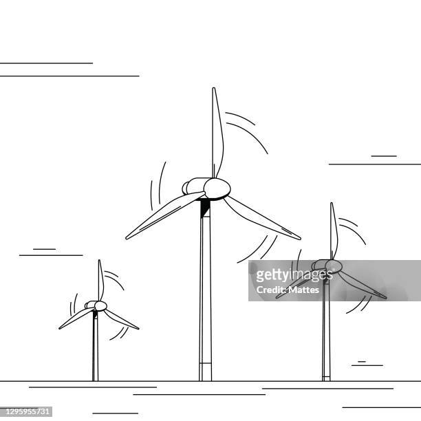 ilustrações de stock, clip art, desenhos animados e ícones de wind power farm, three tall wind turbine generating renewable energy. black and white illustration with minimalistic shading. - social impact