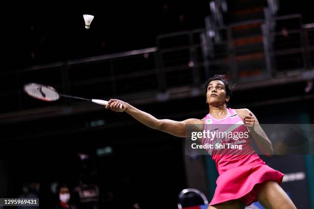 Pusarla V. Sindhu of India competes in the Women's Singles first round match against Mia Blichfeldt of Denmark on day one of the Yonex Thailand Open...