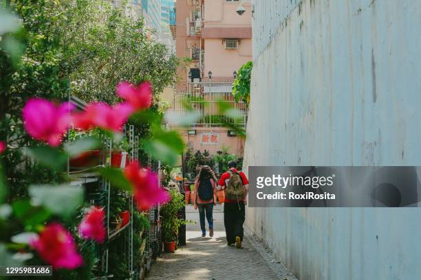 two travelers from back walking down an alley in hong kong full of flowers - china town stock-fotos und bilder