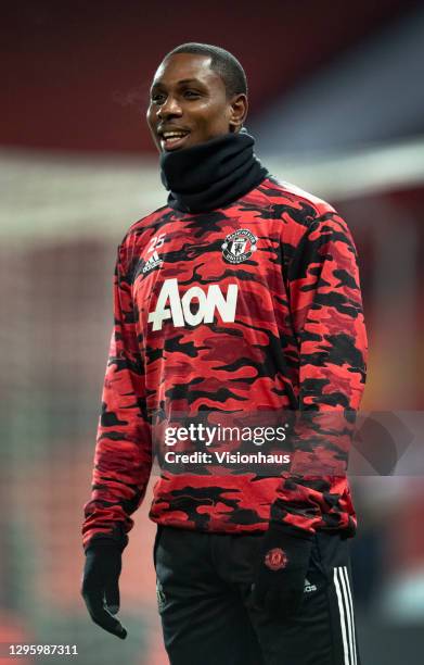 Odion Ighalo of Manchester United warms up before the FA Cup Third Round match between Manchester United and Watford on January 9, 2021 in...