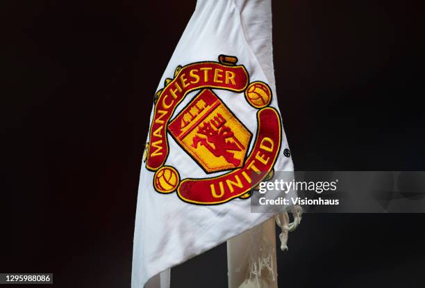 The Manchester United club badge on a corner flag during the FA Cup Third Round match between Manchester United and Watford on January 9, 2021 in...