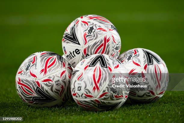 The official FA Cup match ball by Mitre before the FA Cup Third Round match between Manchester United and Watford on January 9, 2021 in Manchester,...