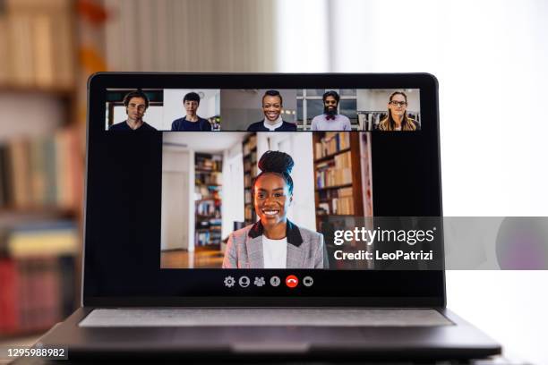 live streaming video conference. woman hosting a call waiting for users attendance - meeting attendees stock pictures, royalty-free photos & images