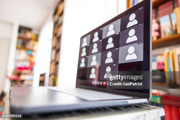 laptop screen waiting for video conference attendees - attending icon stock pictures, royalty-free photos & images