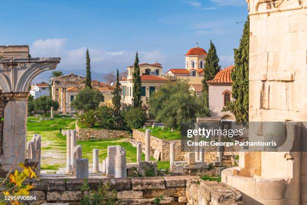 the site of the ancient roman agora in athens, greece - atenas grecia fotografías e imágenes de stock