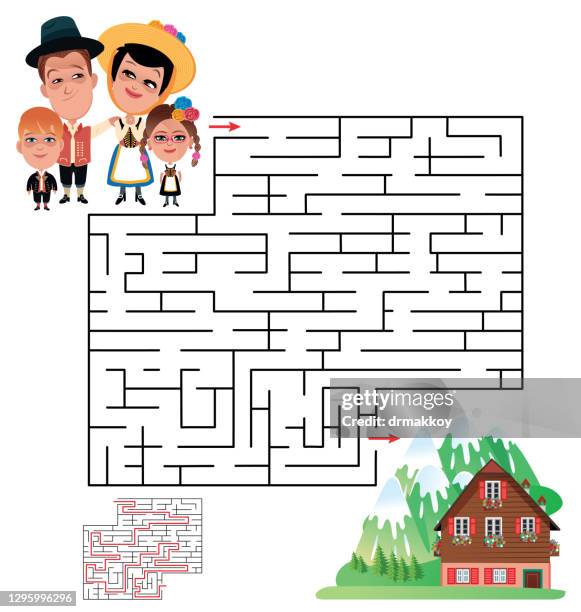 switzerland family labyrinth, maze puzzle - farm family stock illustrations