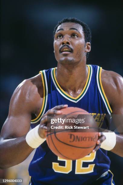 Karl Malone, Power Forward for the Utah Jazz prepares to shoot a free throw during the NBA Pacific Division basketball game on 18th March 1987 at The...