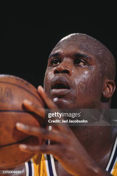 Shaquille O'Neal, Center for the Los Angeles Lakers prepares to shoot a free throw during the NBA Pacific Division basketball game against the...