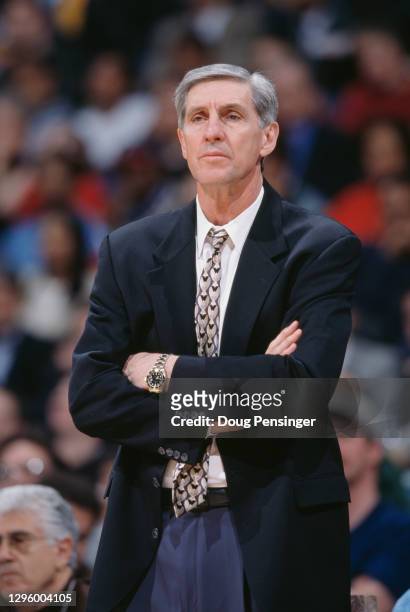 Jerry Sloan, Head Coach for the Utah Jazz looks on from the side line during the NBA Atlantic Division basketball game against the Washington Wizards...