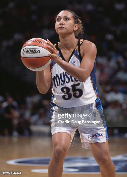 Annie Burgess, Guard for the Washington Mystics prepares to make a free throw during the WNBA Eastern Conference basketball game against the...